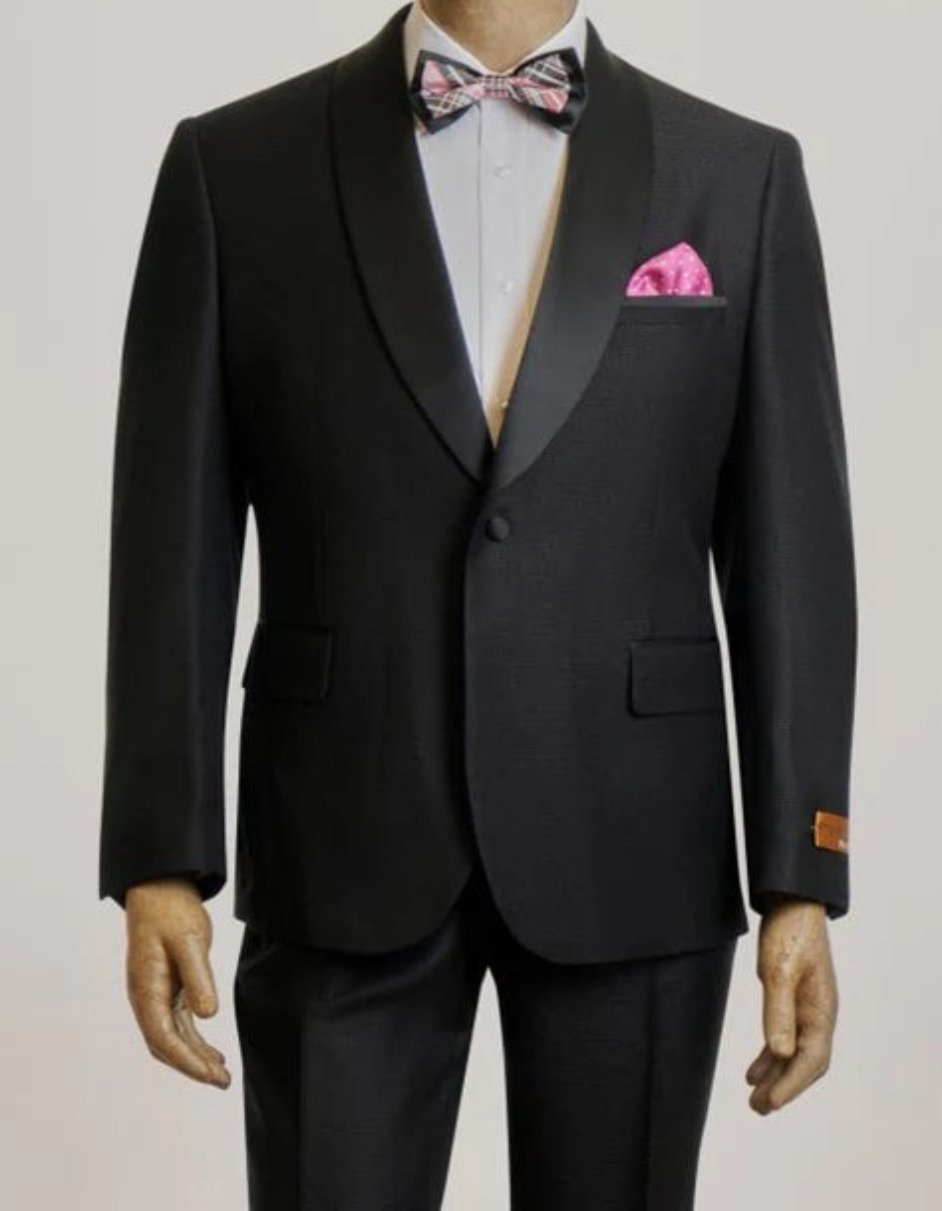 Modern Black Shawl Lapel Suit by Rossiman
