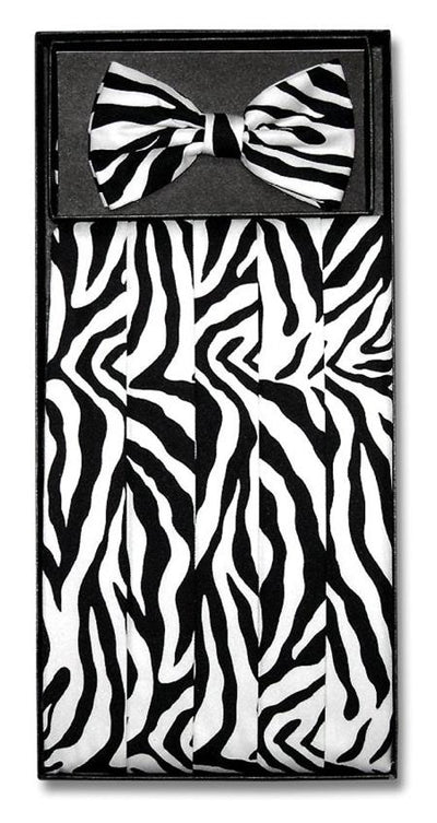 Men's Black/White Zebra Skin Design Polyester Bowtie & Matching Cummerbund