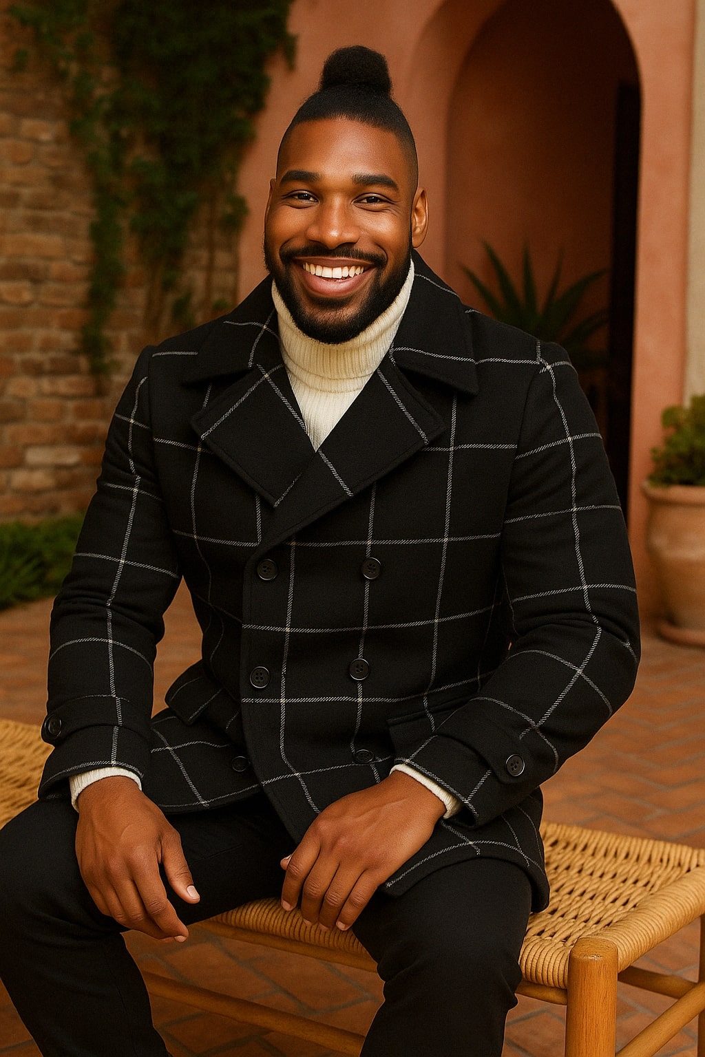 Black Windowpane Double-Breasted Wool Overcoat