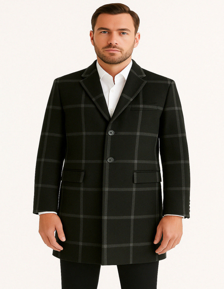 Black Wool Windowpane Car Coat for Men
