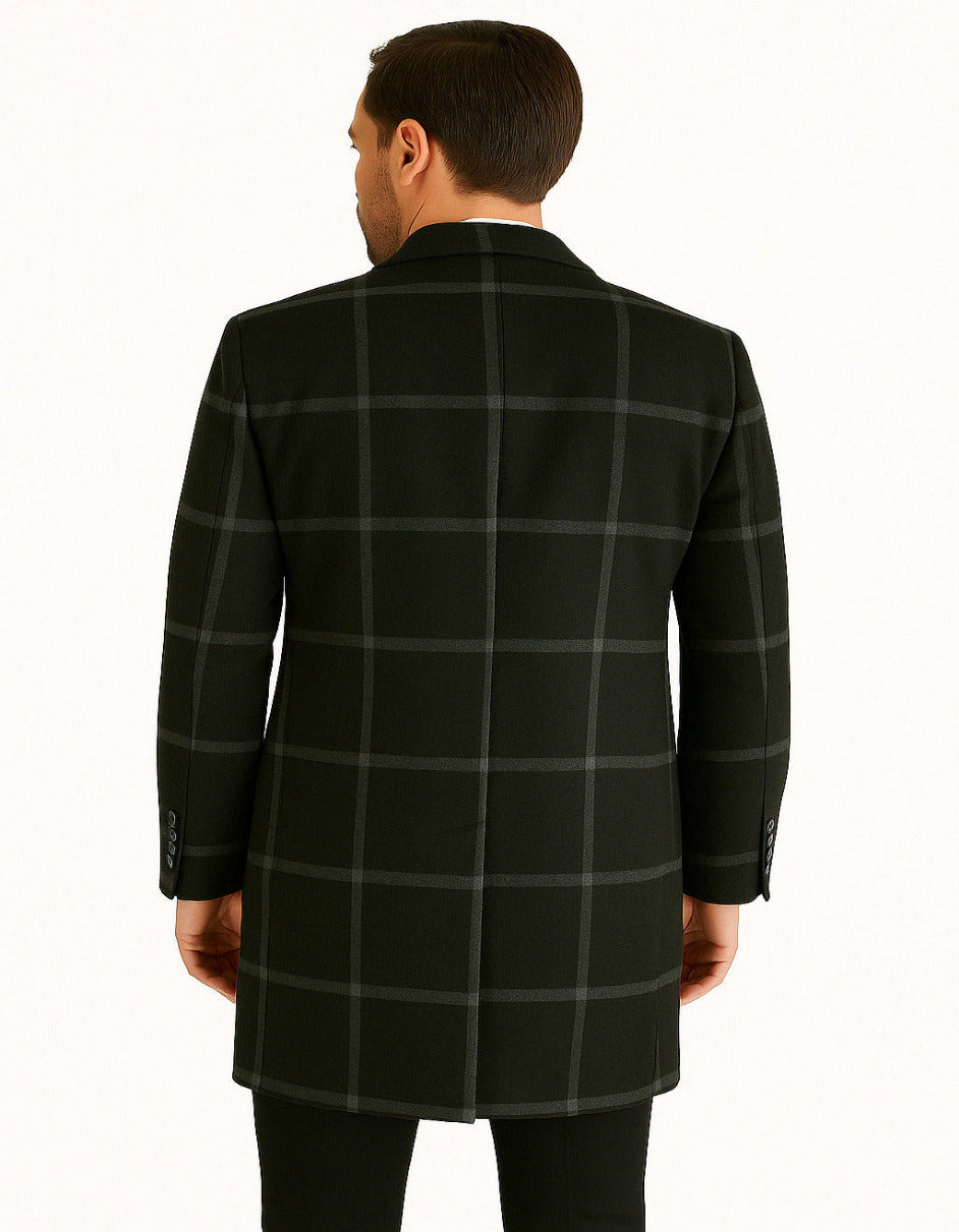 Black Wool Windowpane Car Coat for Men