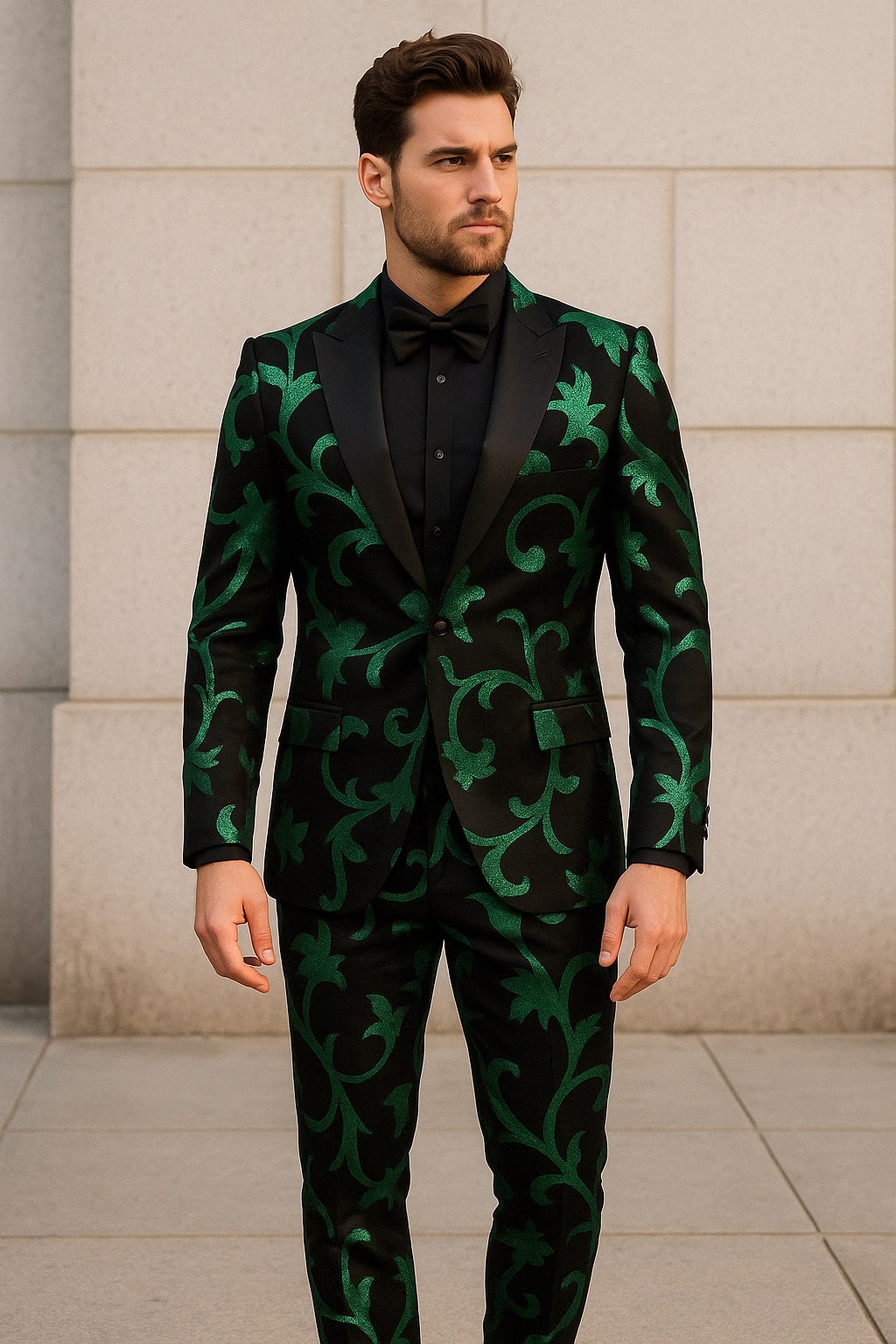 Black & Green Velvet Floral Slim Tuxedo 2-Piece