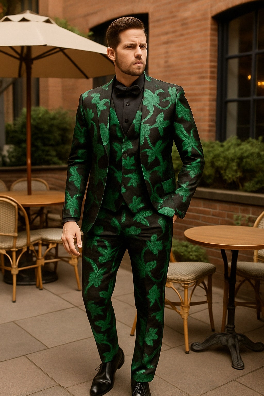 Black & Green Velvet Floral Slim Tuxedo 2-Piece