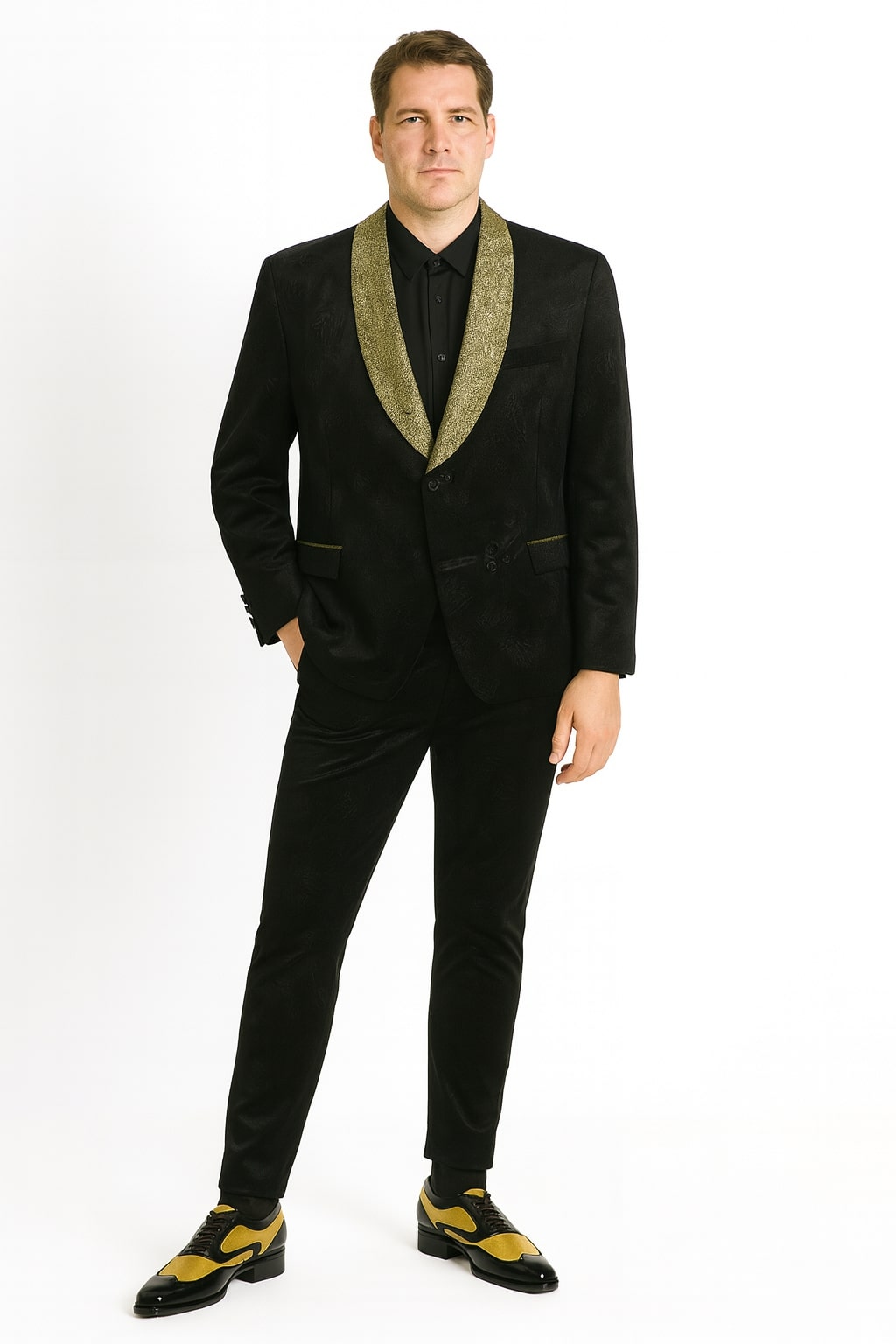 Men's Black & Gold Jacquard Shawl Blazer
