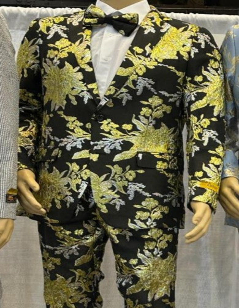 Paisley Floral Black, Gold & Silver Prom Tuxedo