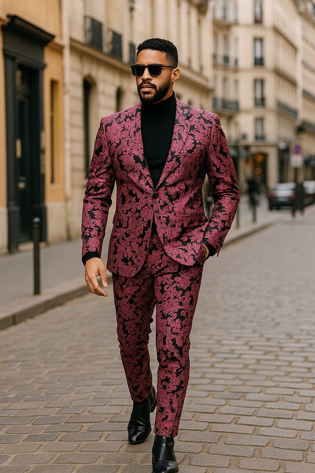 Black and Pink Floral Embroidered Tuxedo Suit