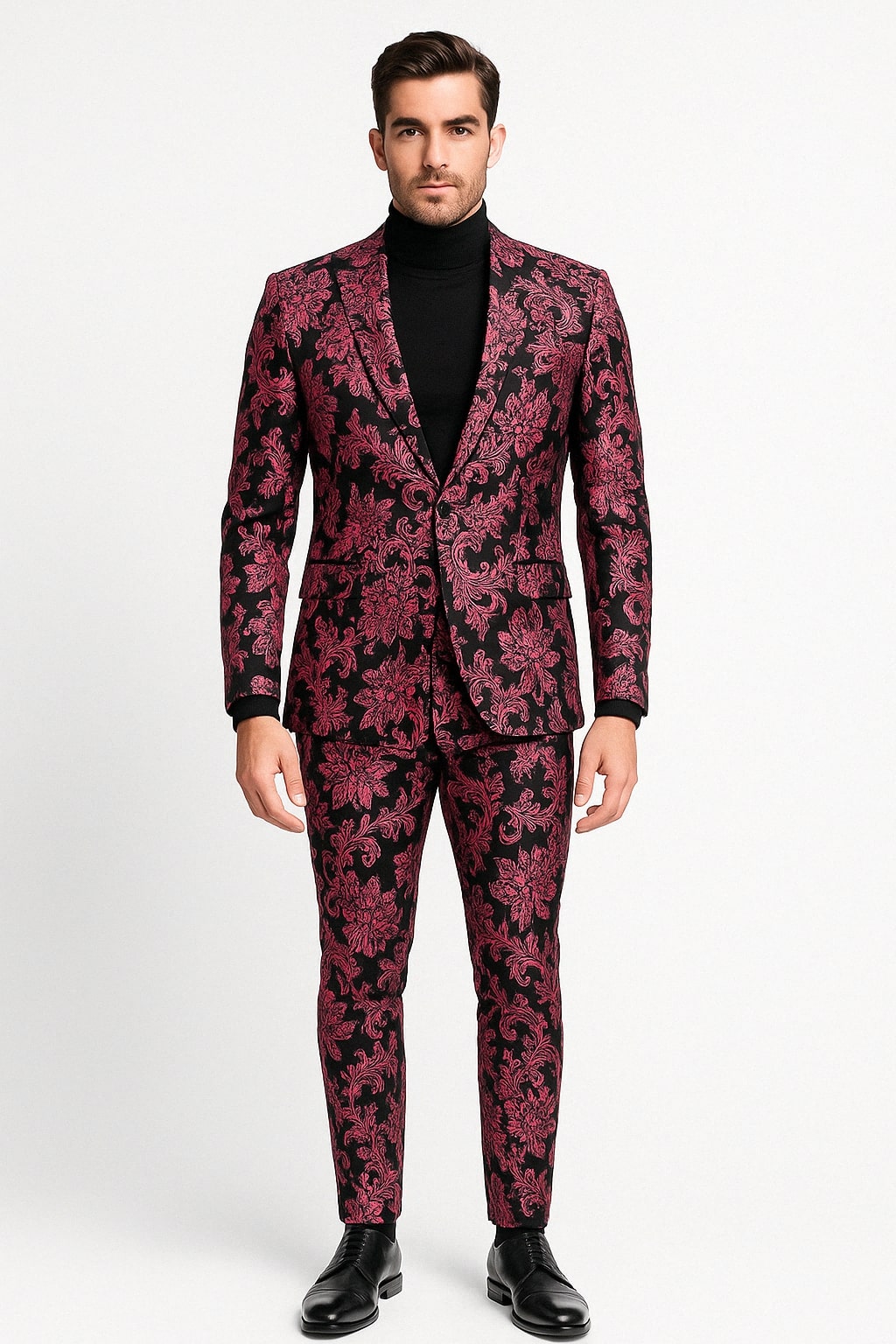Black and Pink Floral Embroidered Tuxedo Suit