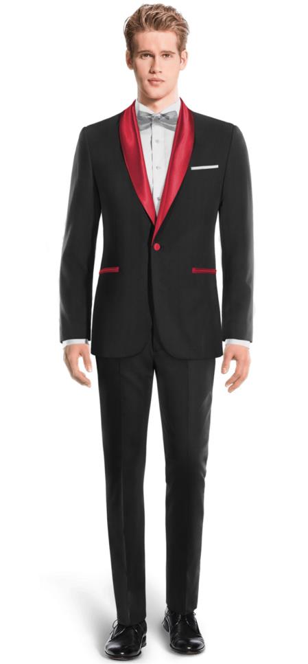 Mens Red and Black Floral Brocade Tuxedo Suit – Two Piece Slim Fit Set