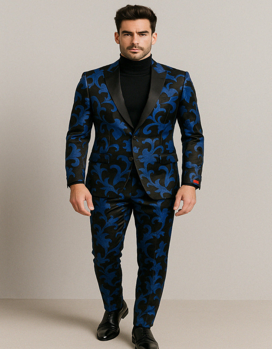 Black & Royal Blue Velvet Floral Tuxedo Suit