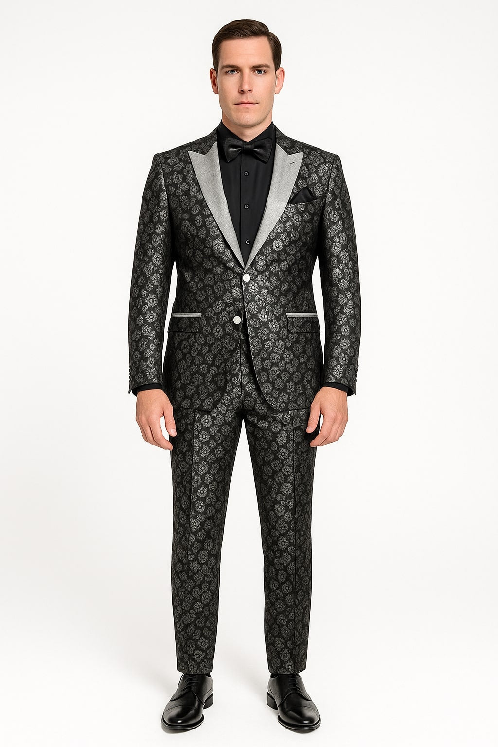 Black and Silver Floral Tuxedo Suit with Satin Lapel