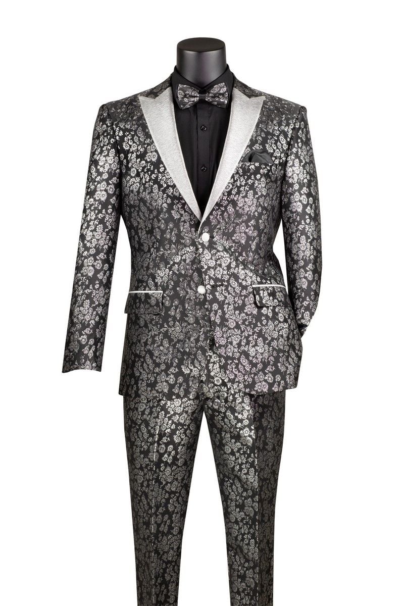 Black and Silver Floral Tuxedo Suit for Men – Luxury Two-Piece Formal Suit with Satin Lapel and Bow Tie