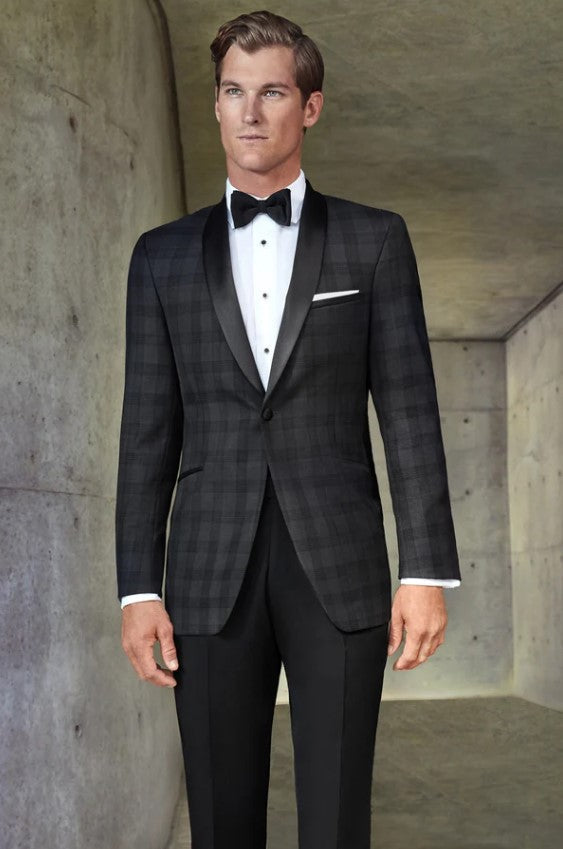 Slim Black Plaid Tuxedo Jacket by Rossiman
