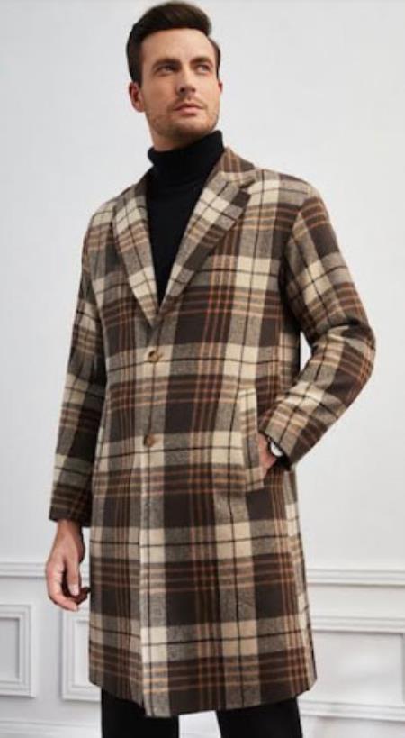 Mens Plaid Overcoat Peacoat Multi-color