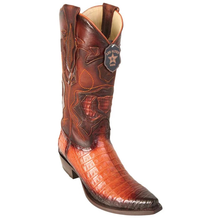 Los Altos Boots - Mens Dress Cowboy Boot - Low Priced Faded Cognac Caiman Snip Toe Cowboy Boot- in Cognac