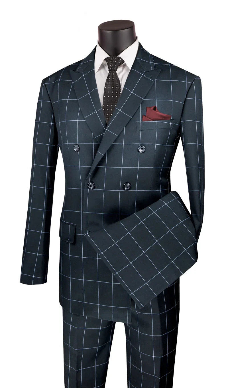 Black Modern Fit Double Breasted Windowpane Peak Lapel 2 Piece Suit