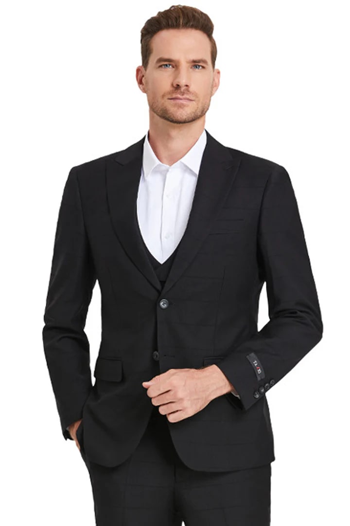 Vested Peak Lapel Sharkskin Suit in Black Windowpane