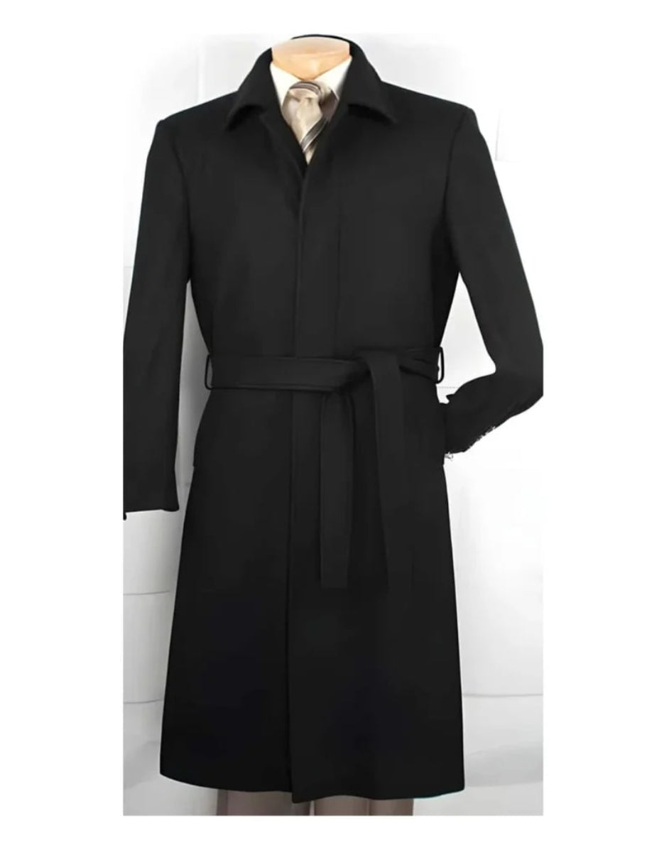 Blended Wool Belted Ankle-Length Top Coat Dark Grey