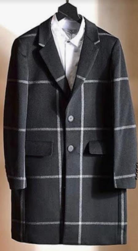 Plaid Pattern Dark Gray Peacoat for Men