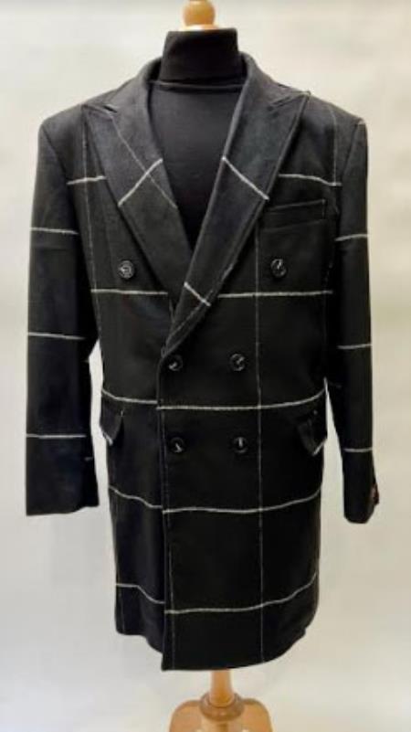 Black Plaid Windowpane Double Breasted Topcoat