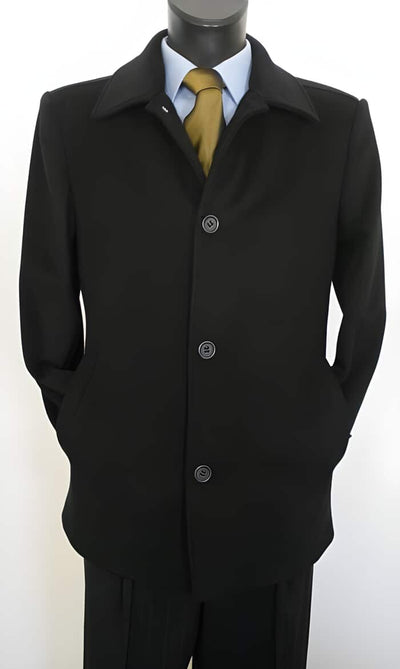Menβs Black Wool Car Coat - Mid Length Classic