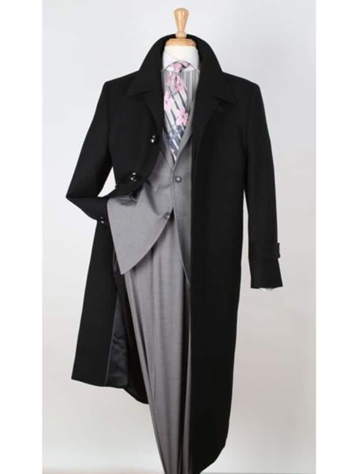 Wool Gabardine Wide Lapel Black Overcoat