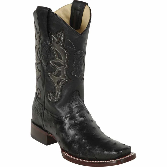 Black Square Toe Ostrich Cowboy Boots for Men