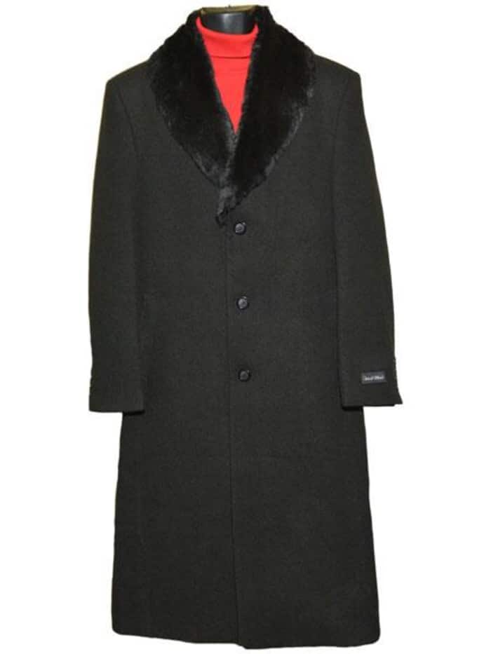 Men's Black Wool Overcoat with Fur Collar