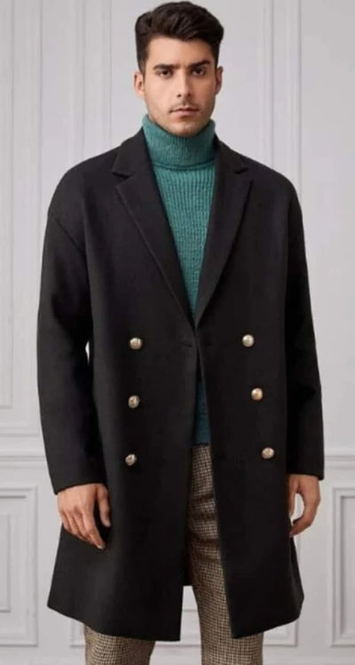 Black Tweed Double Breasted Overcoat for Men