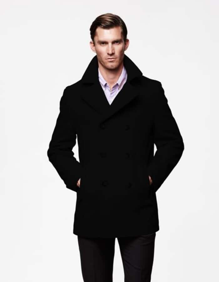Men's Black Wool Peacoat with Slash Pockets