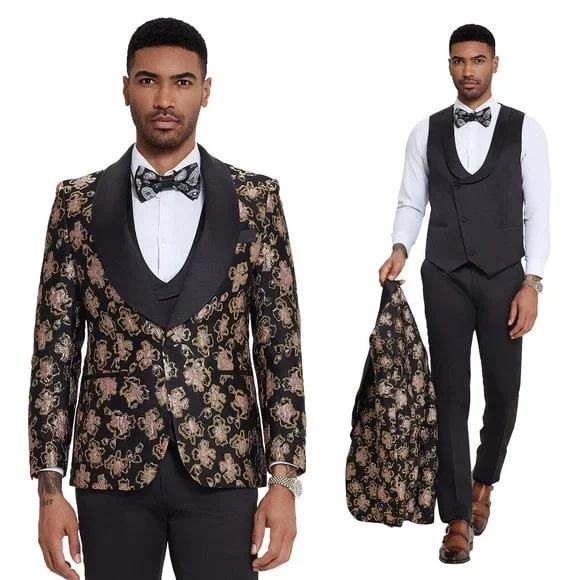 Black & Pink Shiny Floral 3pc Suit by Tazzio