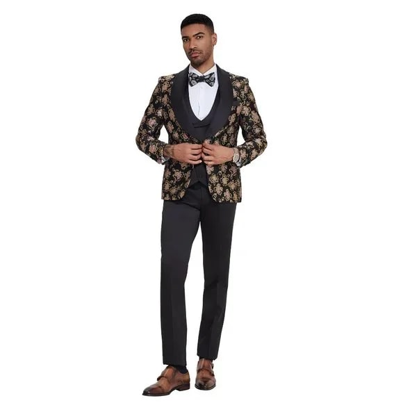 Black & Pink Shiny Floral 3pc Suit by Tazzio