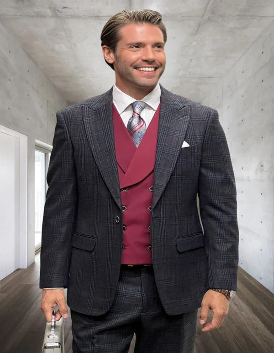 Men's Wool Glen Plaid Vested Suit