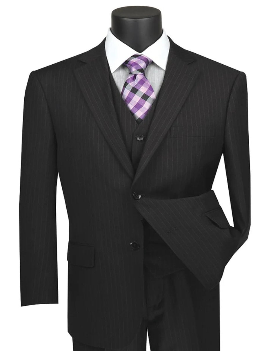 Classic Black Pinstripe Vested Suit for Men