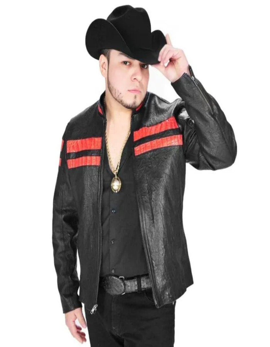 Black & Red Crocodile Detail Leather Jacket