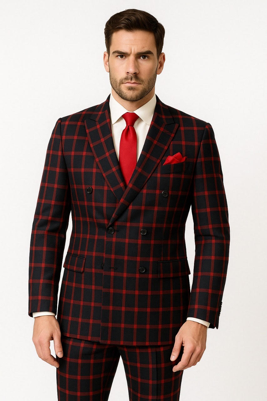 Red Plaid Double Breasted Gangster Suit