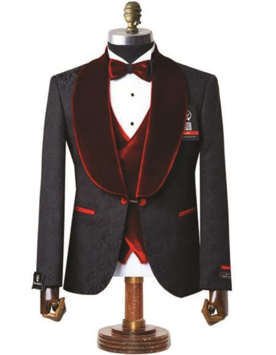 Black Tuxedo with Red Velvet Lapel - Three Piece