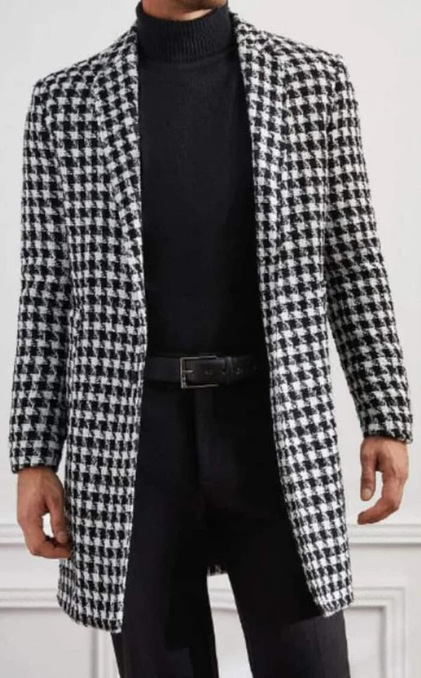 Houndstooth Tweed Lapel Collar Overcoat