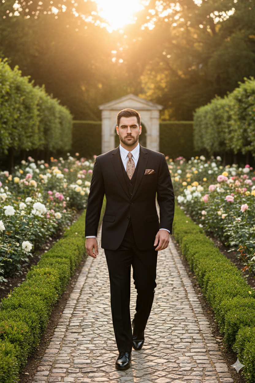 Men's 2 Button Black Regular Basic Cut Flat Front Pants Three Piece Suit