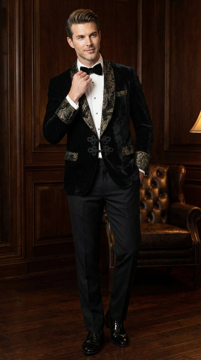 Men’s Smoking Jacket Black and Gold Embroidered Tuxedo Blazer – Luxury Velvet Formal Dinner Jacket with Paisley Lapel