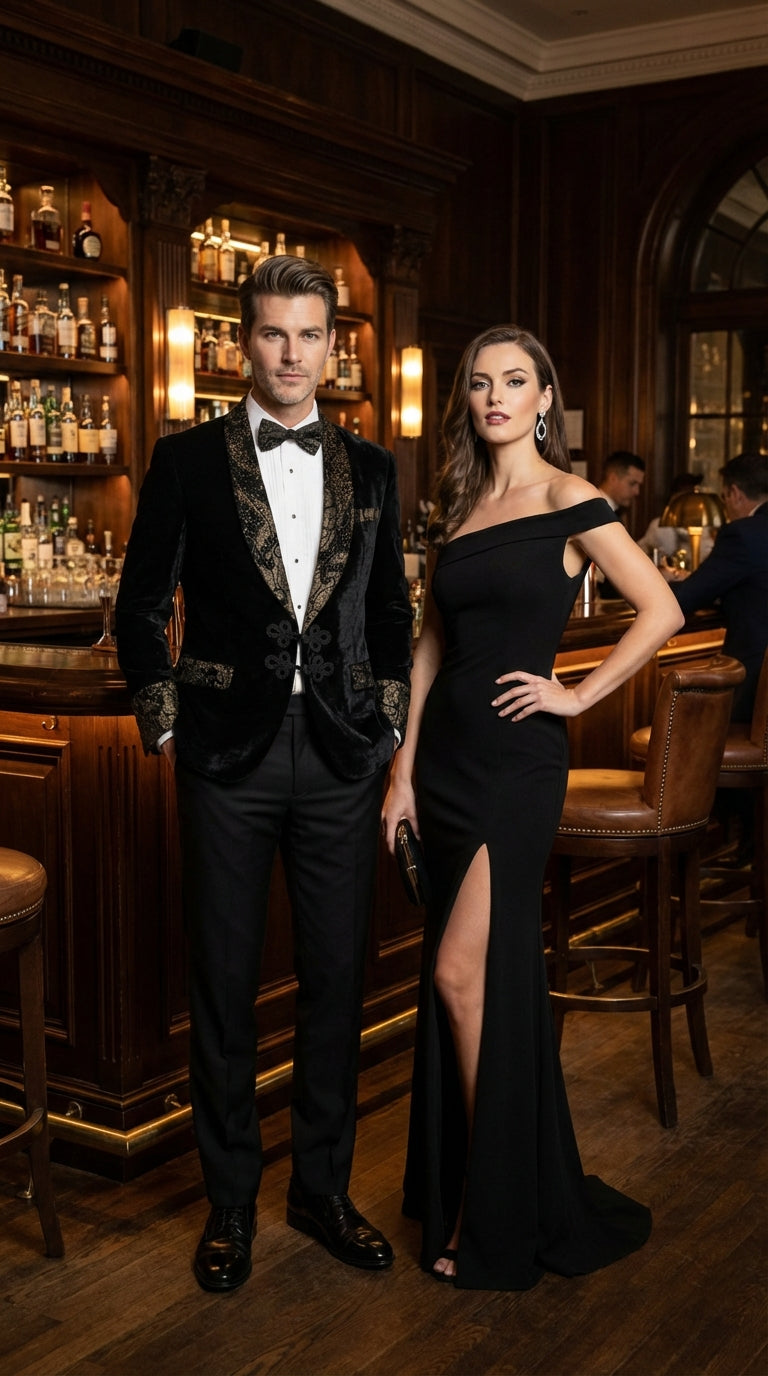 Men’s Smoking Jacket Black and Gold Embroidered Tuxedo Blazer – Luxury Velvet Formal Dinner Jacket with Paisley Lapel
