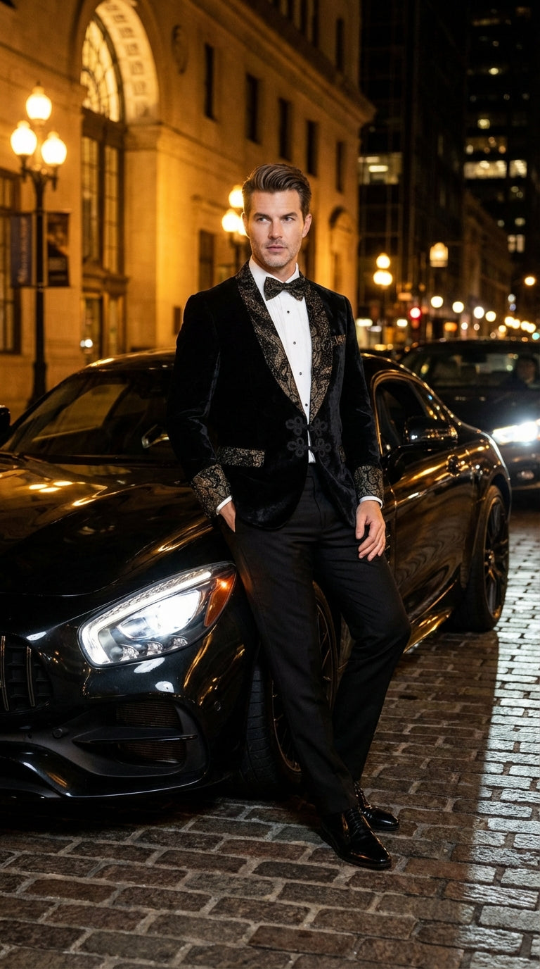 Men’s Smoking Jacket Black and Gold Embroidered Tuxedo Blazer – Luxury Velvet Formal Dinner Jacket with Paisley Lapel