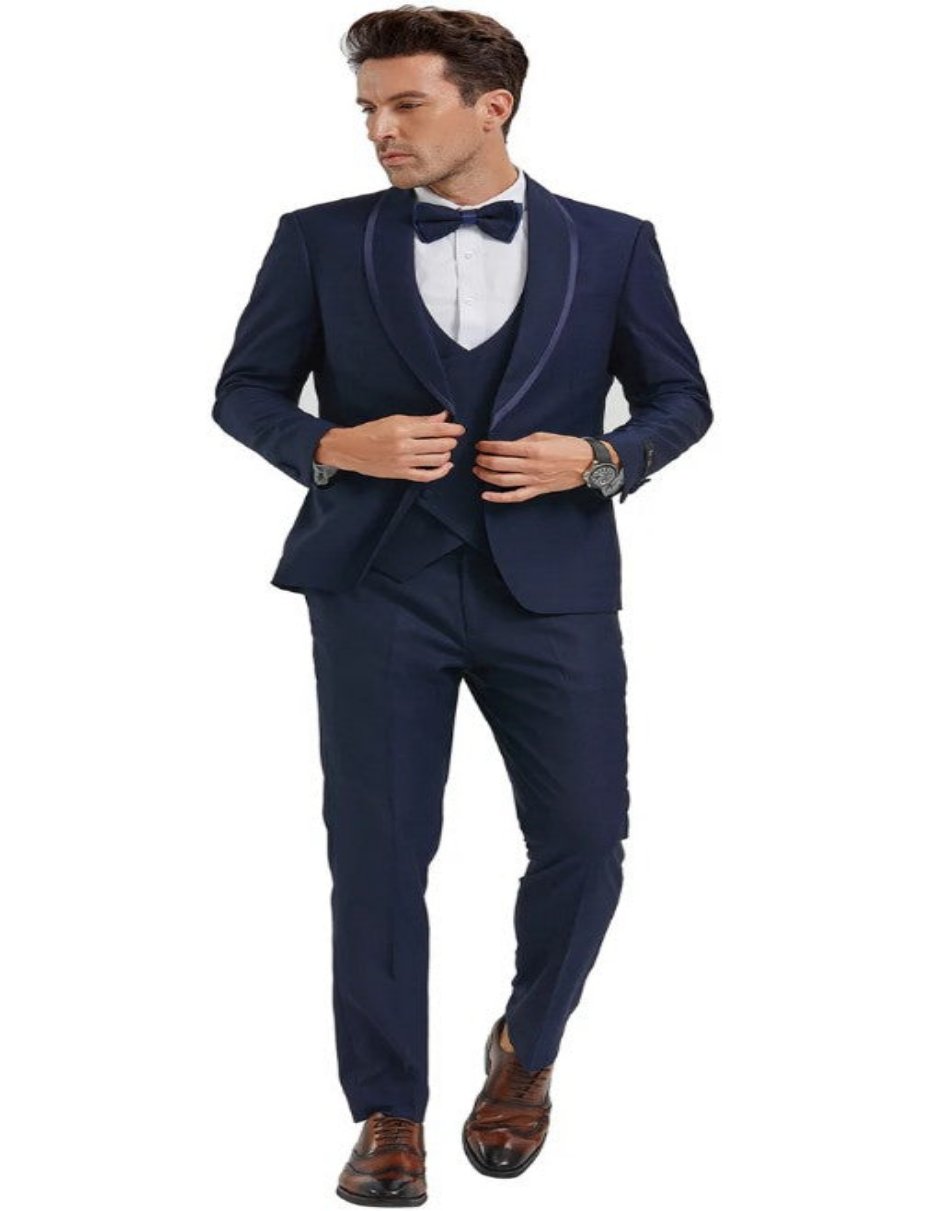 Navy Blue Prom Suit with Satin Trim Tuxedo