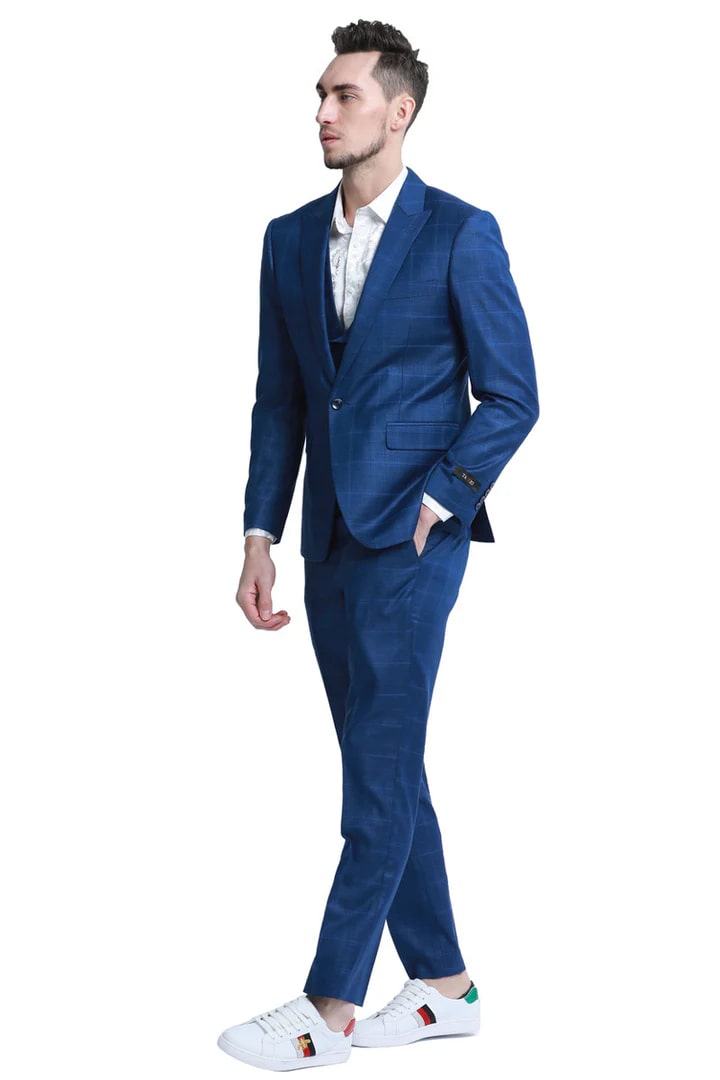 Men's Blue Plaid One Button Suit with Double Breasted Vest