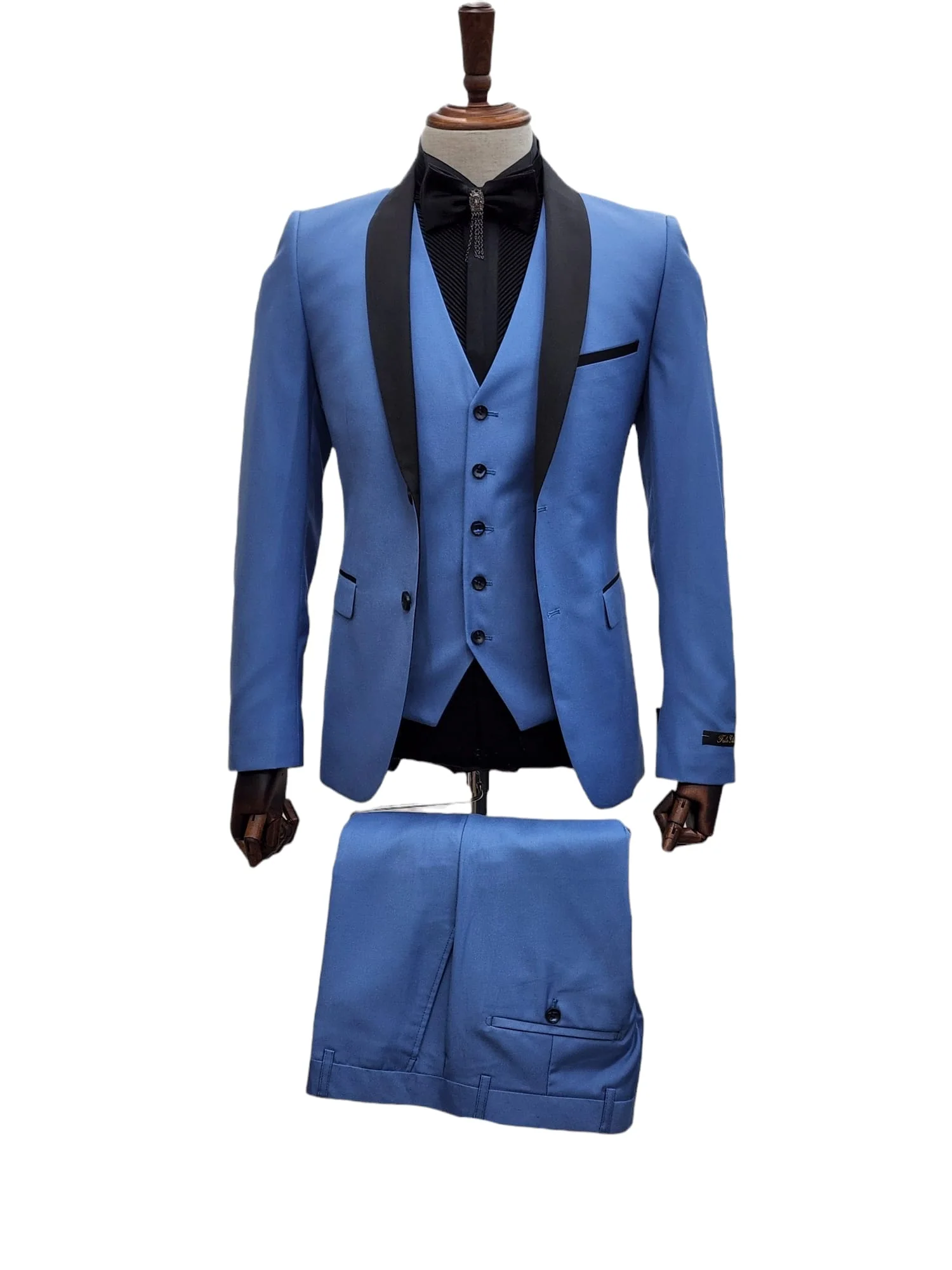 Steel Blue Tuxedo Suit with Black Shawl Lapel – 3 Piece Slim Fit Wedding & Formal Attire in Light Blue Color