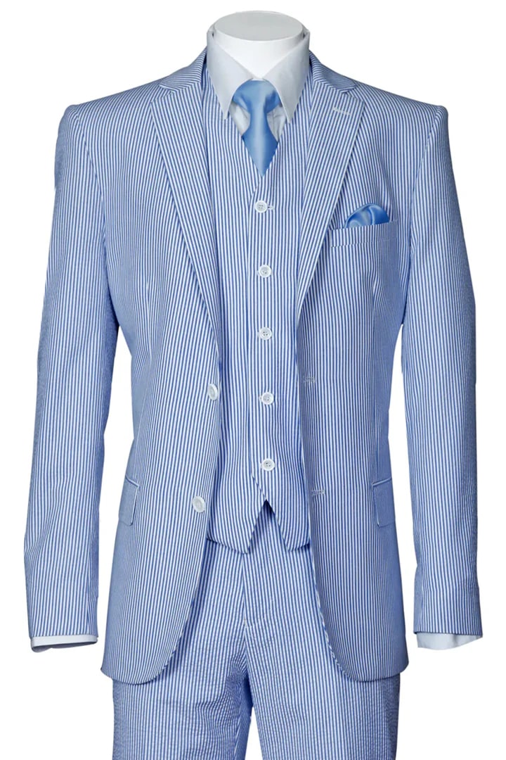 Men’s Blue Seersucker 2 Button Vested Suit