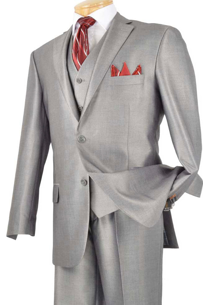 Grey Sharkskin Classic Vested Suit for Men