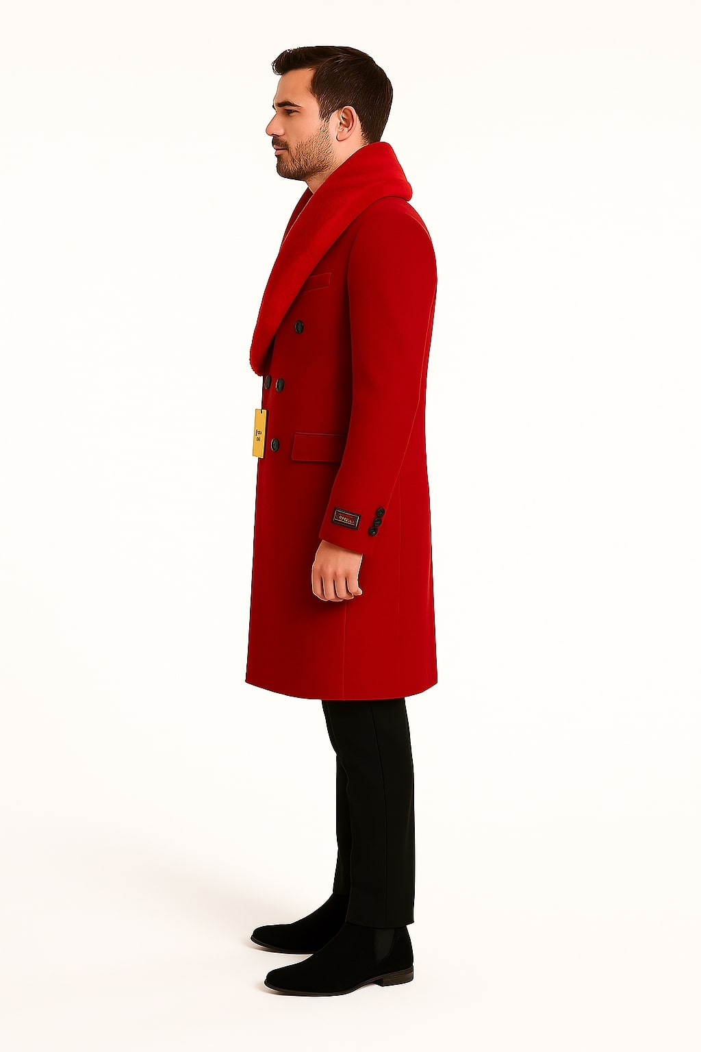 Double Breasted Red Overcoat with Faux Fur Collar
