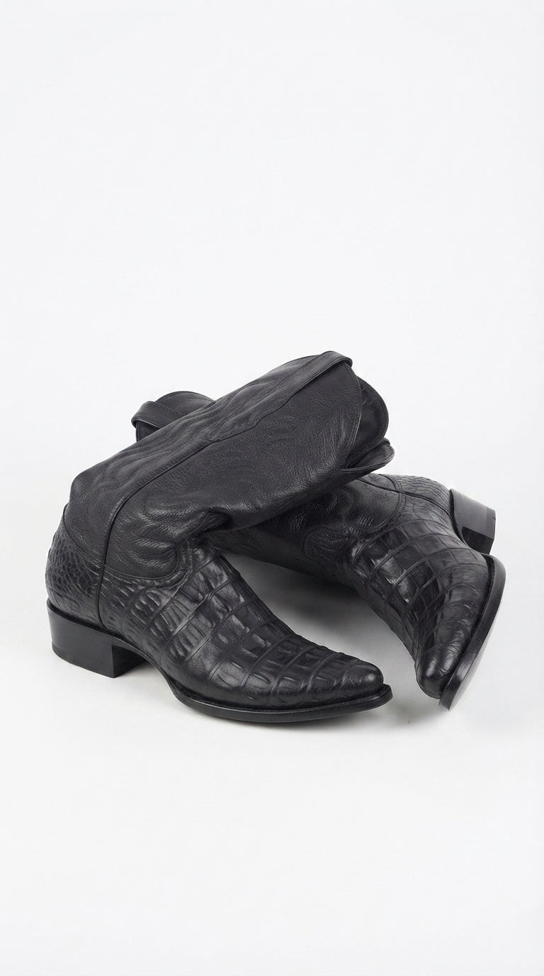Men’s Black Alligator Print Snip Toe Boots, Exotic Western Cowboy Dress Boots