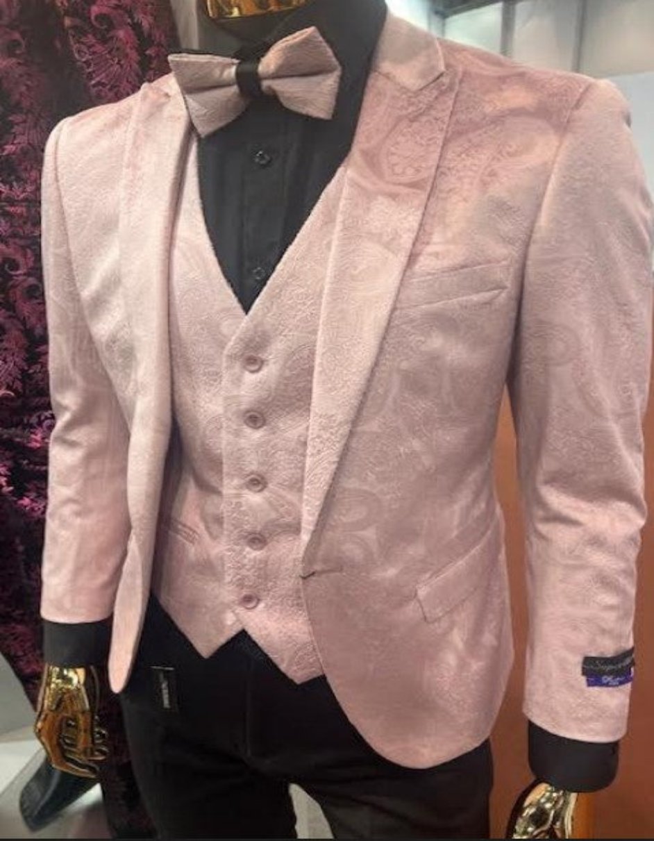 Pink Paisley Slim Fit Prom Suit with Bowtie Vest