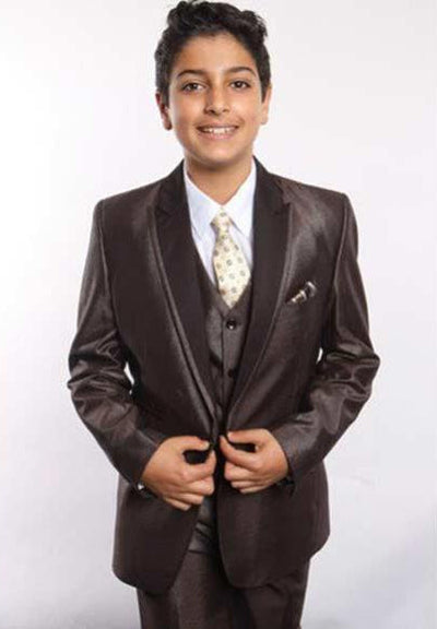 Boy's Brown Poly Rayon Satin Peak Leapel 5 Piece Vested Suit With Shirt, Tie & Hanky